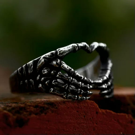 K-KED Vintage Heart Shape Skull Hand Ring Stainless Steel Men's Skull Biker Punk Ring-7