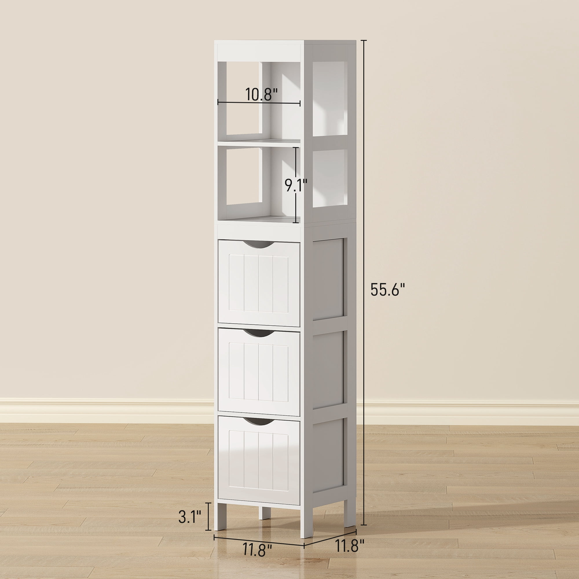 HOMCOM Narrow Bathroom Storage Cabinet, Bathroom Cabinet with 3 Drawers & 2 Open Shelves, Freestanding Slim Bathroom Floor Cabinet, White