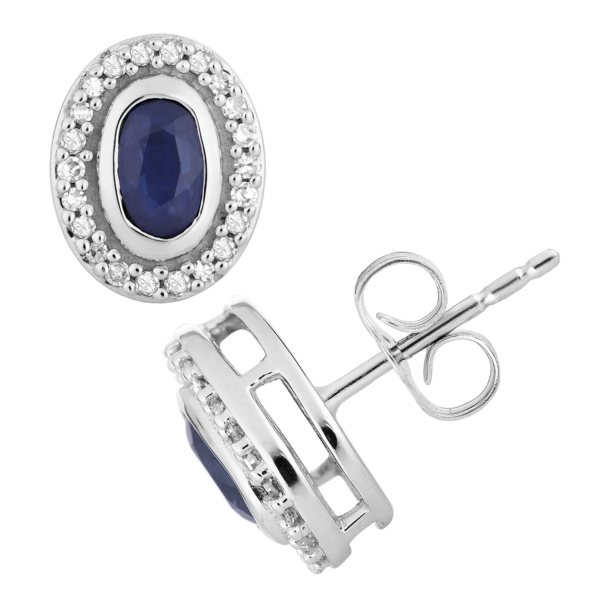 10k White Gold Sapphire & 1/8 Carat T.W. Diamond Oval Halo Stud Earrings