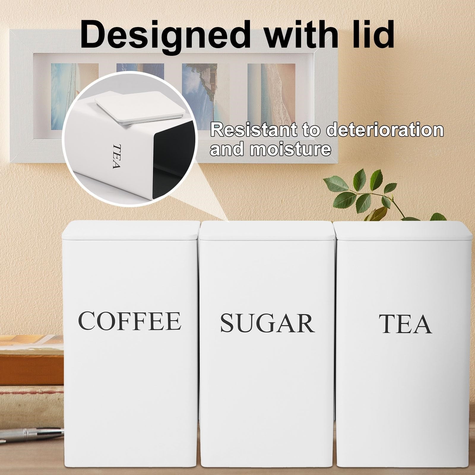 3 Pcs Coffee Tea Sugar Container Set, 1000 ml Metal Vintage Kitchen Canister Set with Airtight Lids, Food Storage Container Jars for Kitchen Counter, Farmhouse Home Tabletop Decor(Black,3.3x3.3x5.9")
