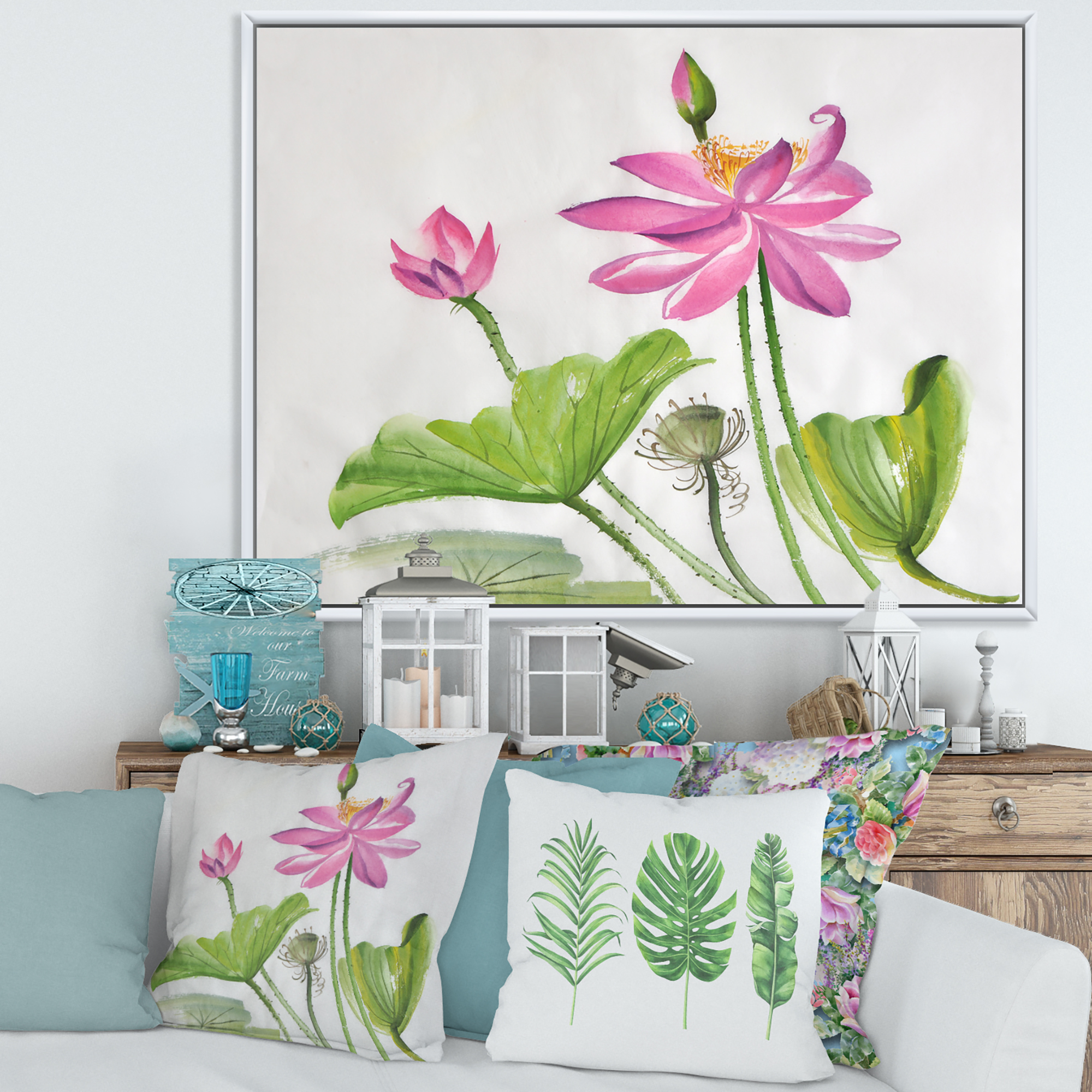 Designart 'Two Pink Lotus Flowers With Green Leaves' Traditional Framed Canvas Wall Art Print