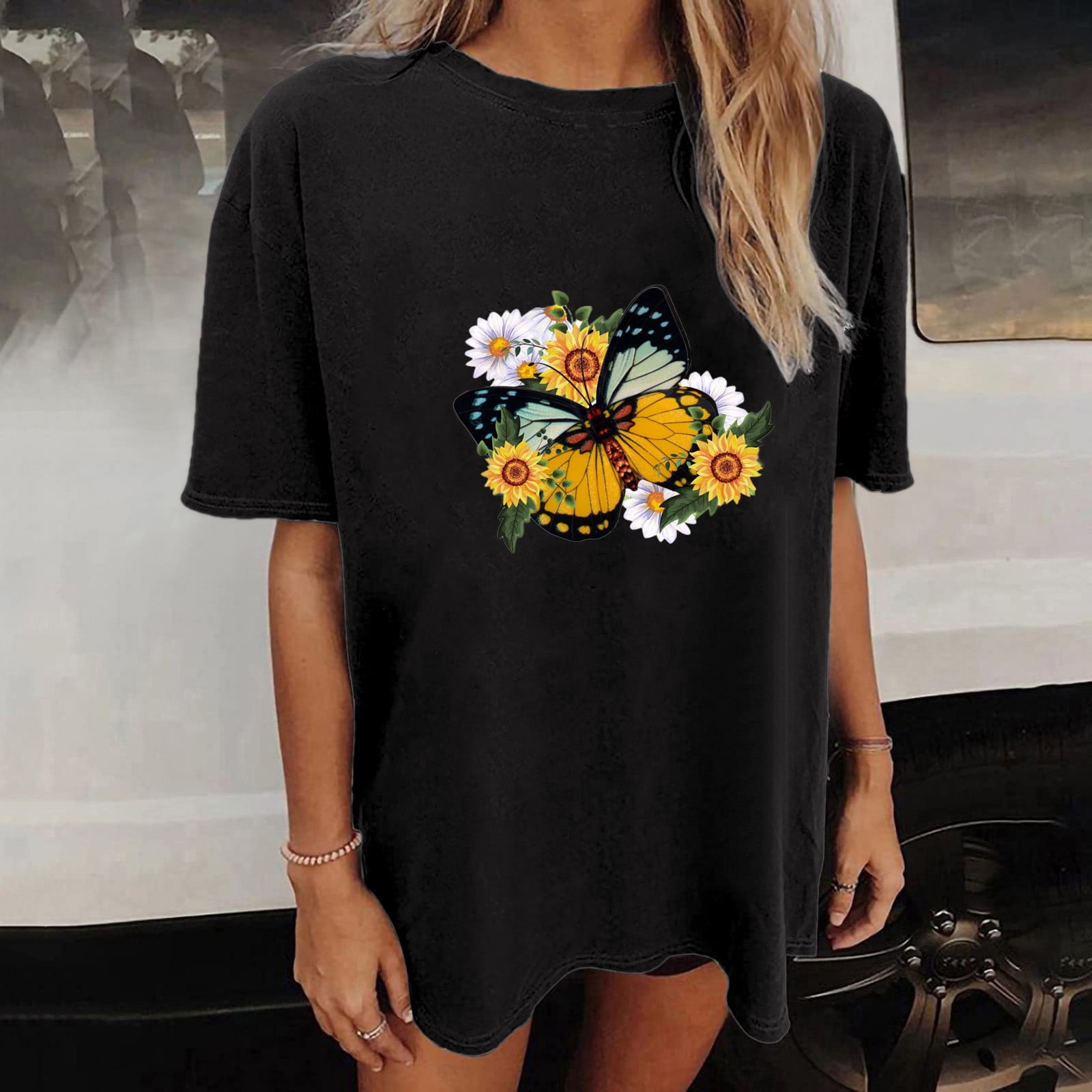 FRXSWW Ladies Flower Print Tee Simple Tops Casual Solid Color CrewNeck Tops  Short Sleeve Cute Blouses - Walmart.com