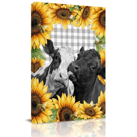 Farm Animals Canvas Wall Art for Living Room, Funny Pair Cows Rustic Bee Pastoral Sunflower Gray Plaid Poster Print Painting for Bedroom Office Home Decoration Wall Pictures Prepare To Hang 16"x16"