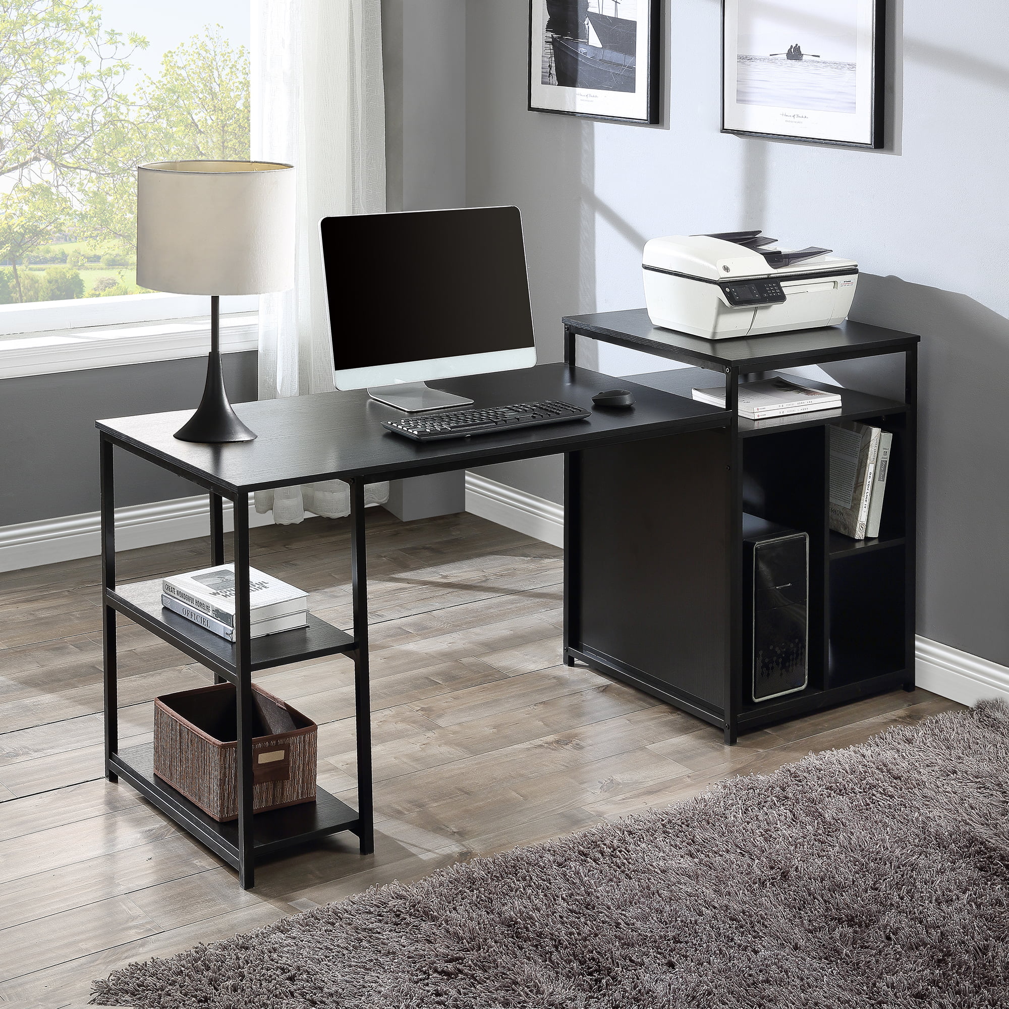 Black Steel Frame Reversible PC Office Tabletop Desk with Storage & MDF Board 