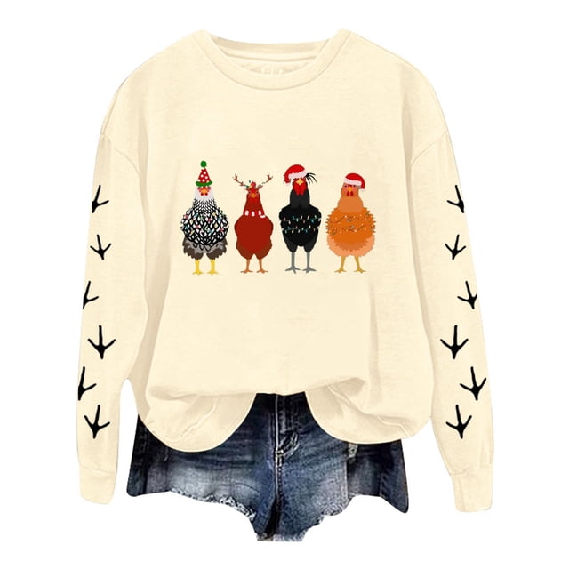 WEAIXIMIUNG Chandail en Molleton Court Grande Taille Noël Oversize Femmes Manches Longues Col Rond Chandails en Molleton Imprimé Poulet Léger Ample Haut