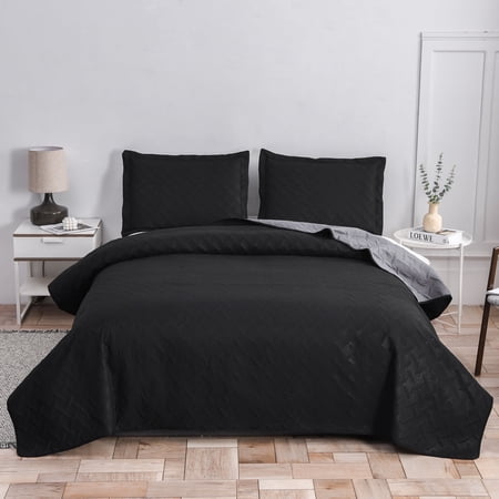 Smuge Ultrasonic Quilt Set Reversible Lightweight Soft Microfiber Bedspread Coverlet Solid Black 3 Piece Set (1 Bedspread 2 Pillow Shams) King Size