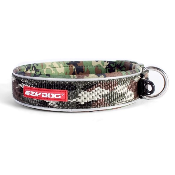 EzyDog Neo Waterproof Dog Collar - Reflective Trim for Nighttime Safety - Adjustable Neoprene Collar with Padding for Superior Comfort - Quick Release Buckle and Built-in ID Clip (Medium, Green Camo)