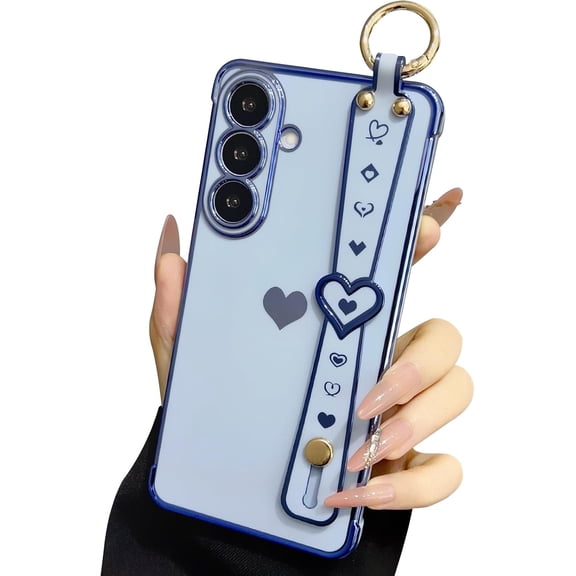 REQO Phone Case for Samsung Galaxy S26 6.3" 2026, Soft TPU Shockproof Case with Wrist Strap, Cute Heart Design for Women Girls Luxury Plating Gold Edge Protective Cover Bumper