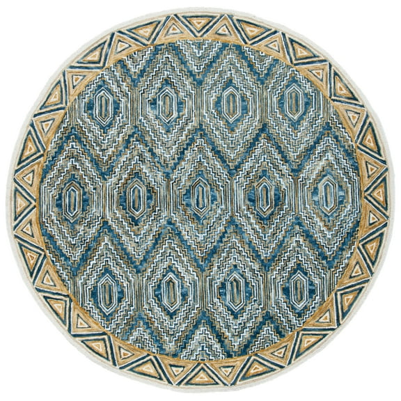 SAFAVIEH Aspen Sylvester Geometric Hexagons Wool Area Rug, Blue/Gold, 7' x 7' Round