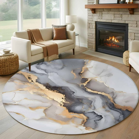 Gray Ombre Marble Round Area Rug 5 FT, Non Slip Bedroom Area Rug, Abstract Art Contemporary Washable Soft Circular Carpet Non-Shedding Floor Mat for Kitchen Dining Room Foyer Balcony Dorm