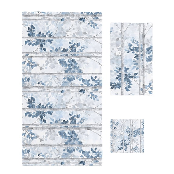 Blue Grey Leaves Towel Set of 3, Soft Microfiber Bath Towels, Hand Towel, Washcloths, Watercolor Branches Vintage Forest Quick-Dry Absorbent Towels for Bathroom Kitchen Hotel Beach Gym Spa