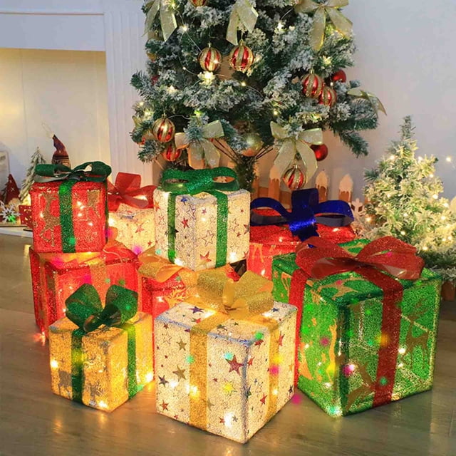 Xihbxyly Cajas de Regalo Navideñas Iluminadas, Decoración Led, Control Remoto Incluido, Juego de 3 Piezas, Decoración Multicolor para Exteriores, Alegría Navideña, Hogar o Jardín, Tamaños de 15,5 a 2