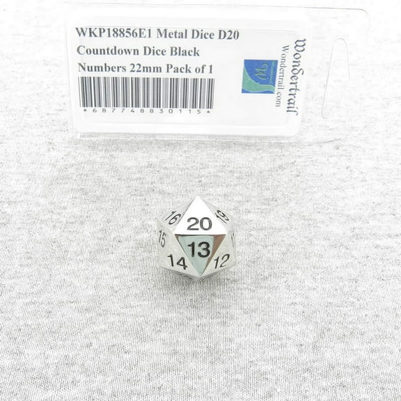 Metal Dice D20 Countdown Dice with Black Numbers 22mm (7/8in) Pack of 1 Wondertrail