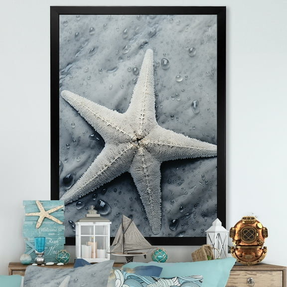 Designart "Coastal Gem Minimalist Starfish in Grey" Animals Framed Wall Art - Modern Grey Starfish Hallway Framed Wall Art Decor