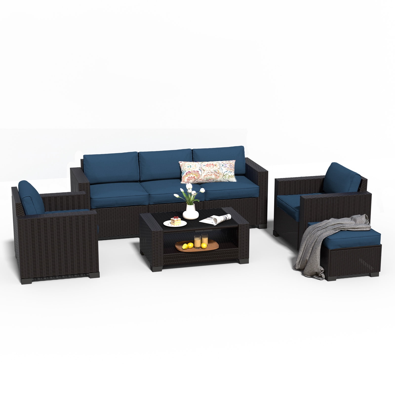 SHGJ&SOFT 7 Piece Patio Furniture Set, Wicker Outdoor Sectional Sofa with Washable Cushion Covers and Tempered Glass Table, Rattan Conversation Set for Poolside