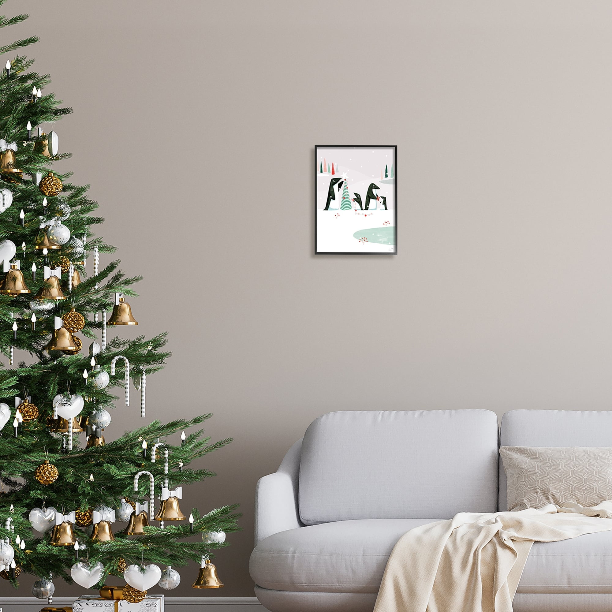 Stupell Industries Penguins Decorating Christmas Tree Holiday Painting Black Framed Art Print Wall Art