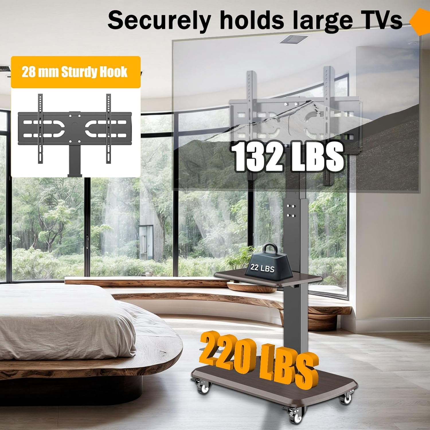 Rolling TV Stand with Power Outlet for 32 to 65 70 75 80 inch TVs up to 132 lbs Adjustable Mobile TV Cart with AV Shelf Portable Mobile TV Stand with Wheels for Outdoor, Bedroom, Living Room