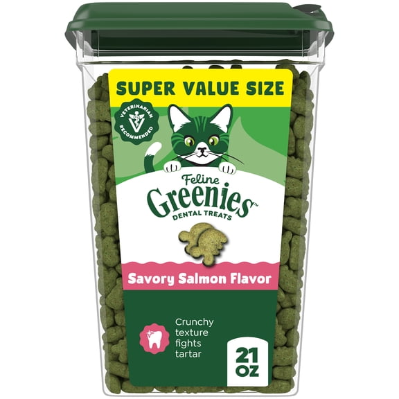 FELINE GREENIES Adult Dental Cat Treats, Savory Salmon Flavor [Multiple Sizes]