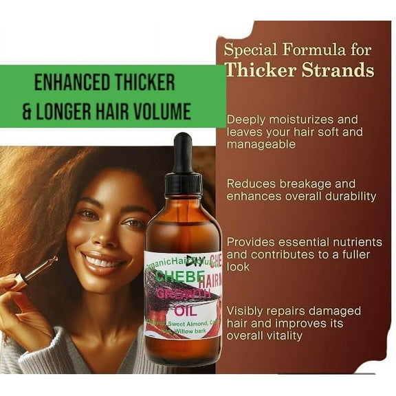 Organic Chebe Hair Growth Oil Serum for Stronger, Thicker Hair, Split Ends & Dry Scalp with Castor & Tea Tree Oil (4 oz)