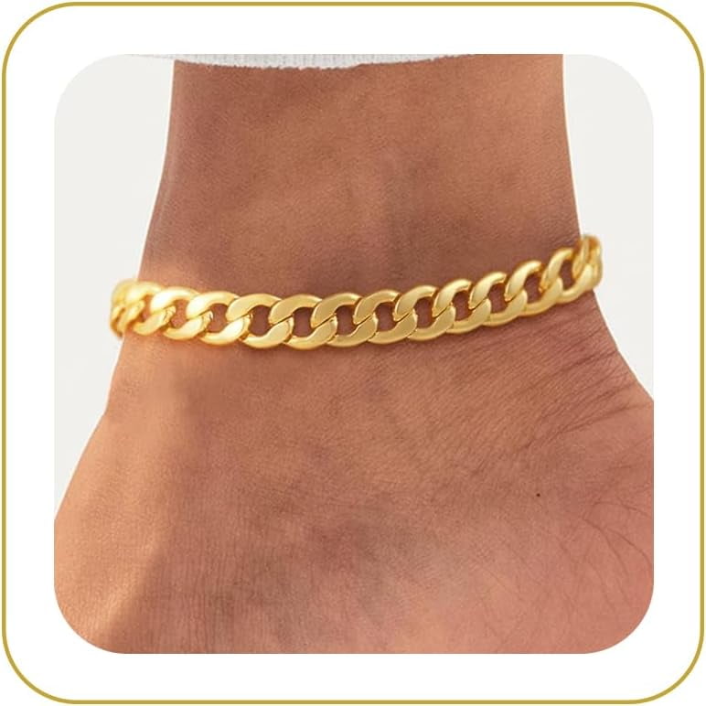 Gold Ankle Bracelets for Women Waterproof - Dainty Gold Anklets Trendy Layered 14K Gold/Silver Plated Stackable Chunky Cuban Link Chian Anklet Bracelet Set for Women Non Tarnish Beach Jewelry Gift