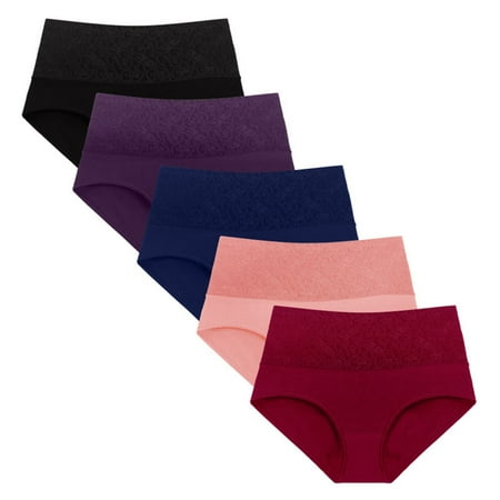 DJskiyers 5 Pack Women Cotton Panties Tummy Control Underwear Comfy High Waist Briefs Plus Size Underpants Solid Stretch Panty