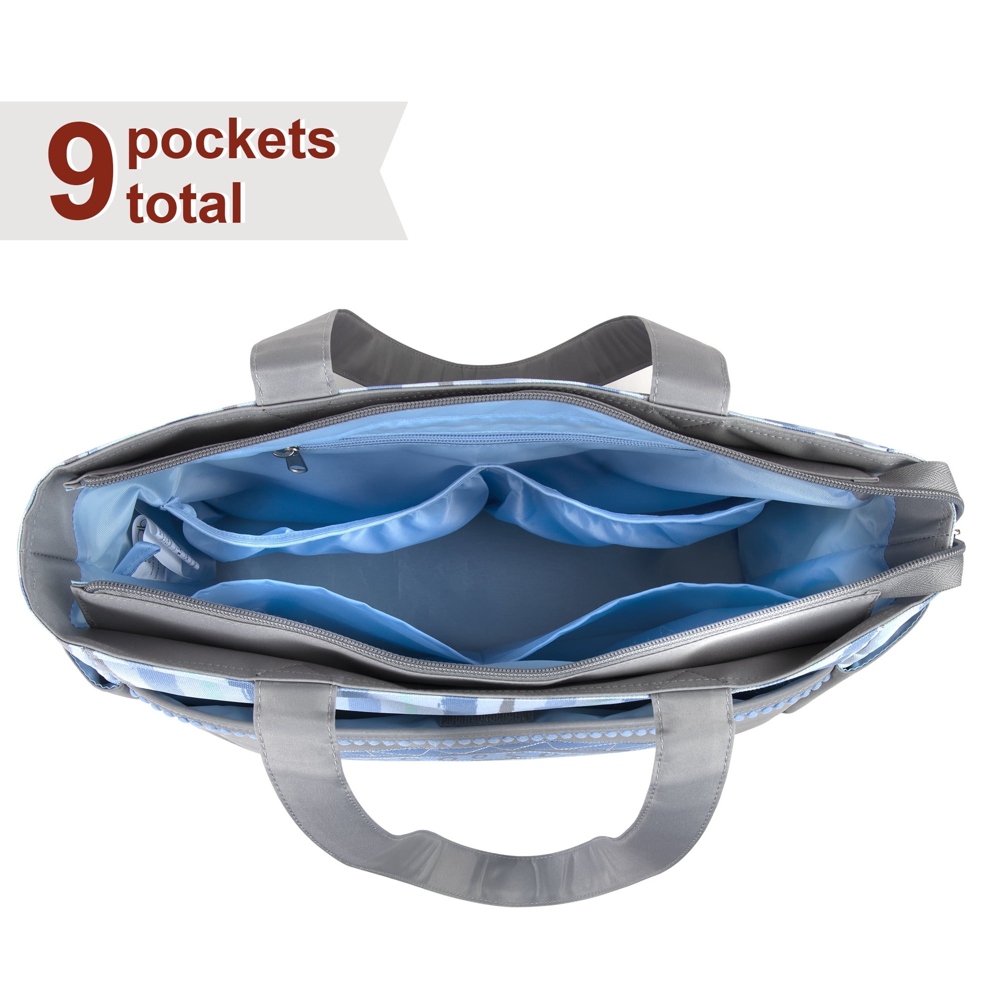 Baby Essentials 14.5"L Rainbow 5 Piece Multi-Pocket Diaper Bag Tote with Matching Changing Pad, Baby Wipes Case, Insulated Bottle Bag & Organizer Pouch for Newborns, Infants & Toddlers in Blue & Gray