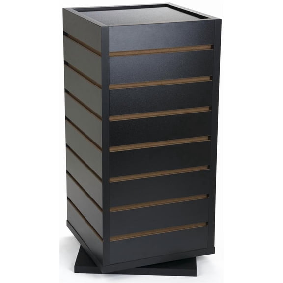 Displays2go Slatwall Display Case with Rotating Base, 28 Display Channels, Counter Mount, Melamine - Black (CTSLWSQ12)