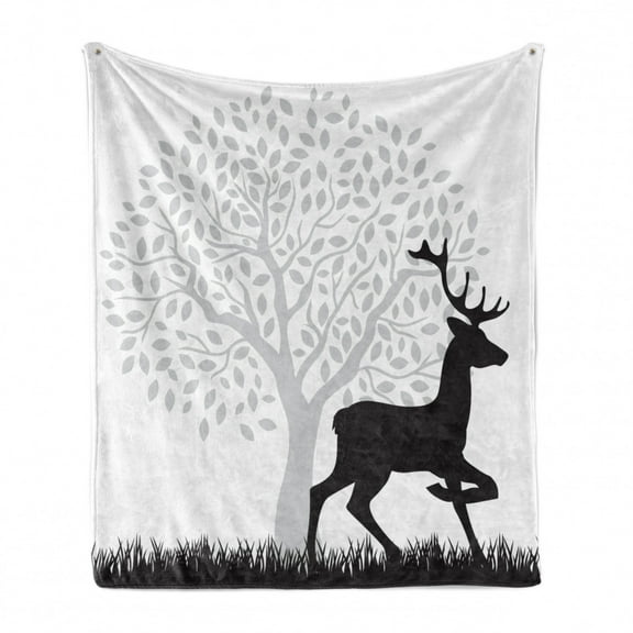 Deer Hunting Soft Flannel Fleece Throw Blanket, Gracious Wild Animal with Horns Tree Silhouette Pattern, Cozy Plush for Indoor and Outdoor Use, 50" x 60", Charcoal Grey Pale Taupe, by Ambesonne