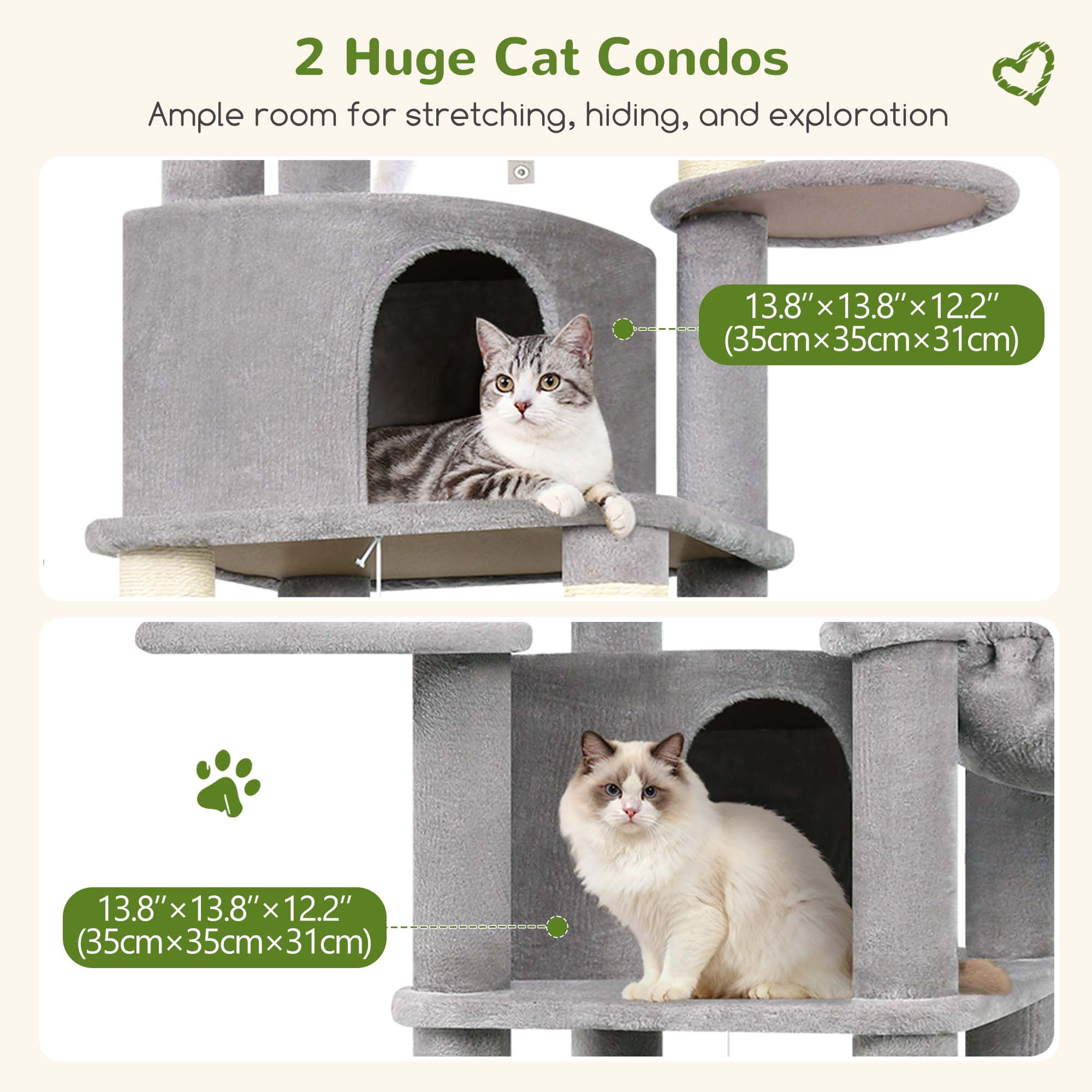 Globlazer 68" XL Corner Cat Tree Tower Condo for Large Cats - 6 Sisal Scratching Posts, 2 Condos, Hammock & Hanging Basket, Light Grey