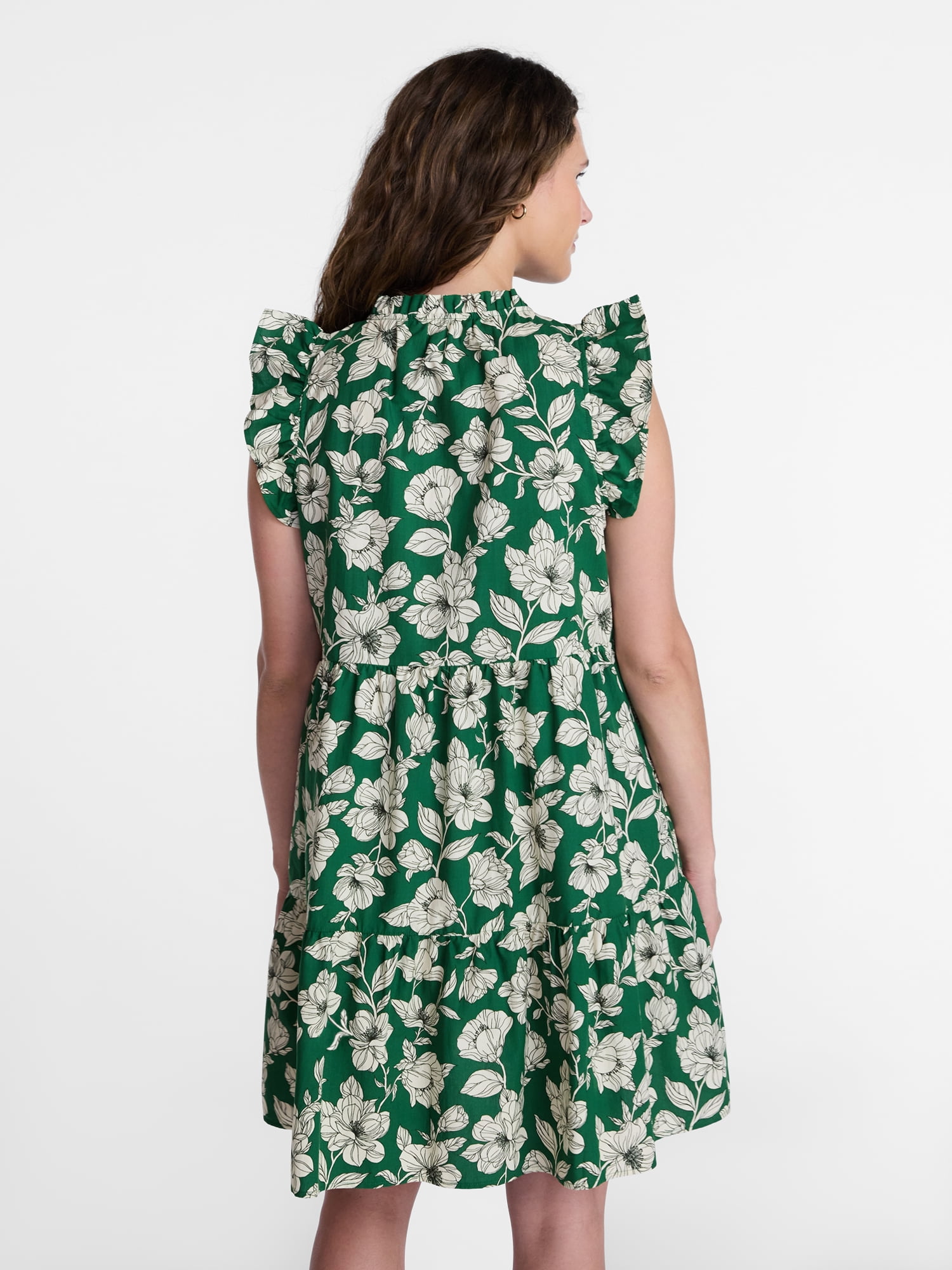 Time and Tru Women's and Women's Plus Tiered Cotton Mini Dress with Flutter Sleeves, Sizes XS-4X