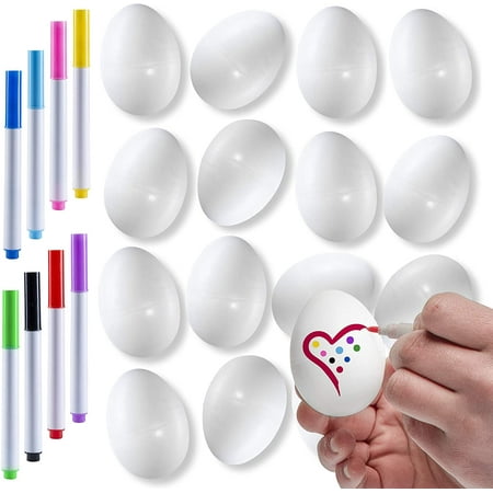 Prextex White Plastic Easter Eggs with 8 Markers for DIY Doodling and Design - Great for Easter Hunts, Basket Fillers, Easter Gift and Party Favors - Pack of 24 - Paintable Plastic Easter Eggs