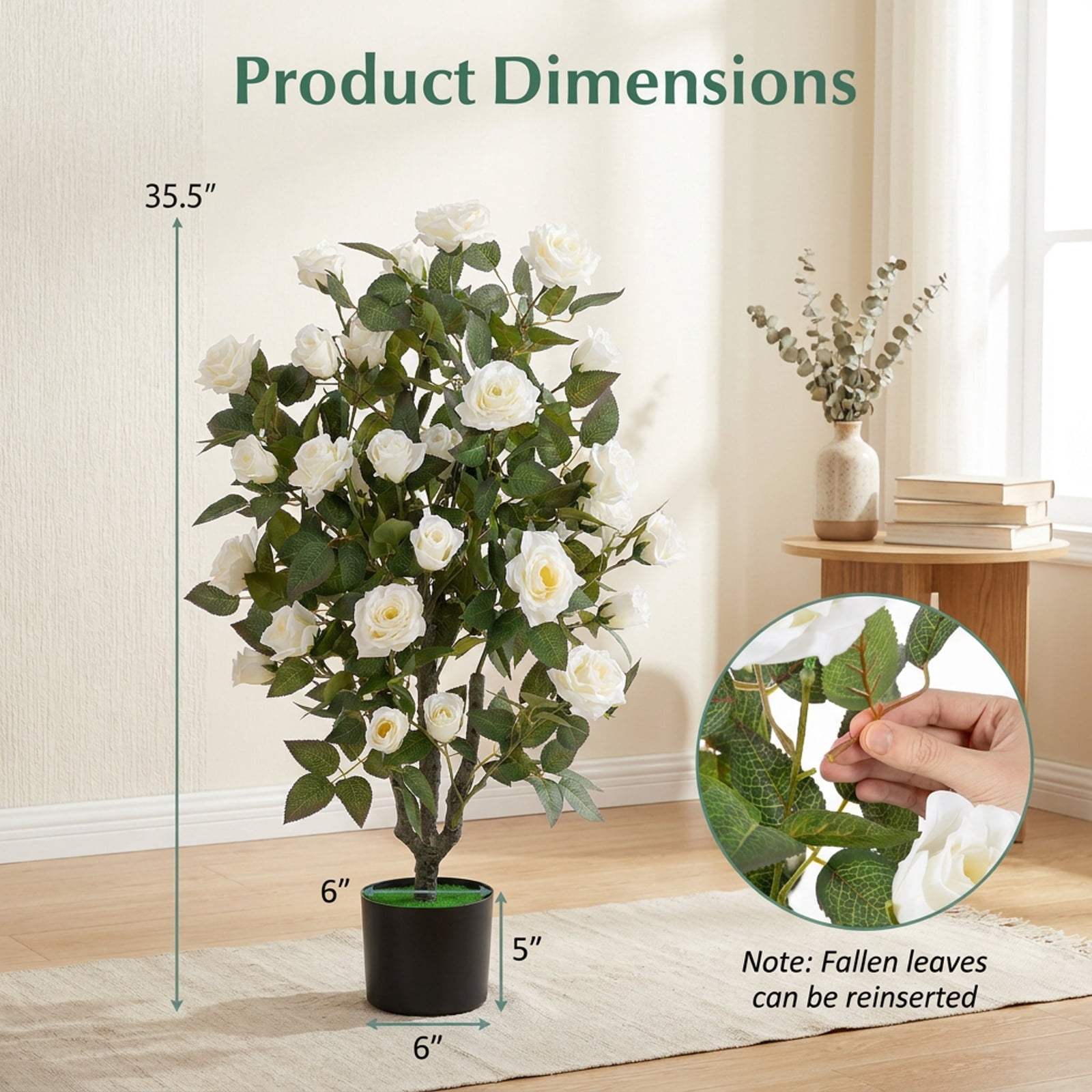 Vebreda Artificial Plant Decor, Set of 2 Artificial Rose Tree with Blooming Flowers and Green Leaves for Indoor, Beautiful & Lifelike Rose Tree