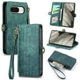 thumbnail image 1 of SaniMore for Google Pixel 7A (6.1") Case, PU Leather Embossed Lines Wristlet Zipper Cash Pocket Card Slots Magnetic Flip Stand Full Protective TPU Shell Anti-drop Business Design, Green, 1 of 10