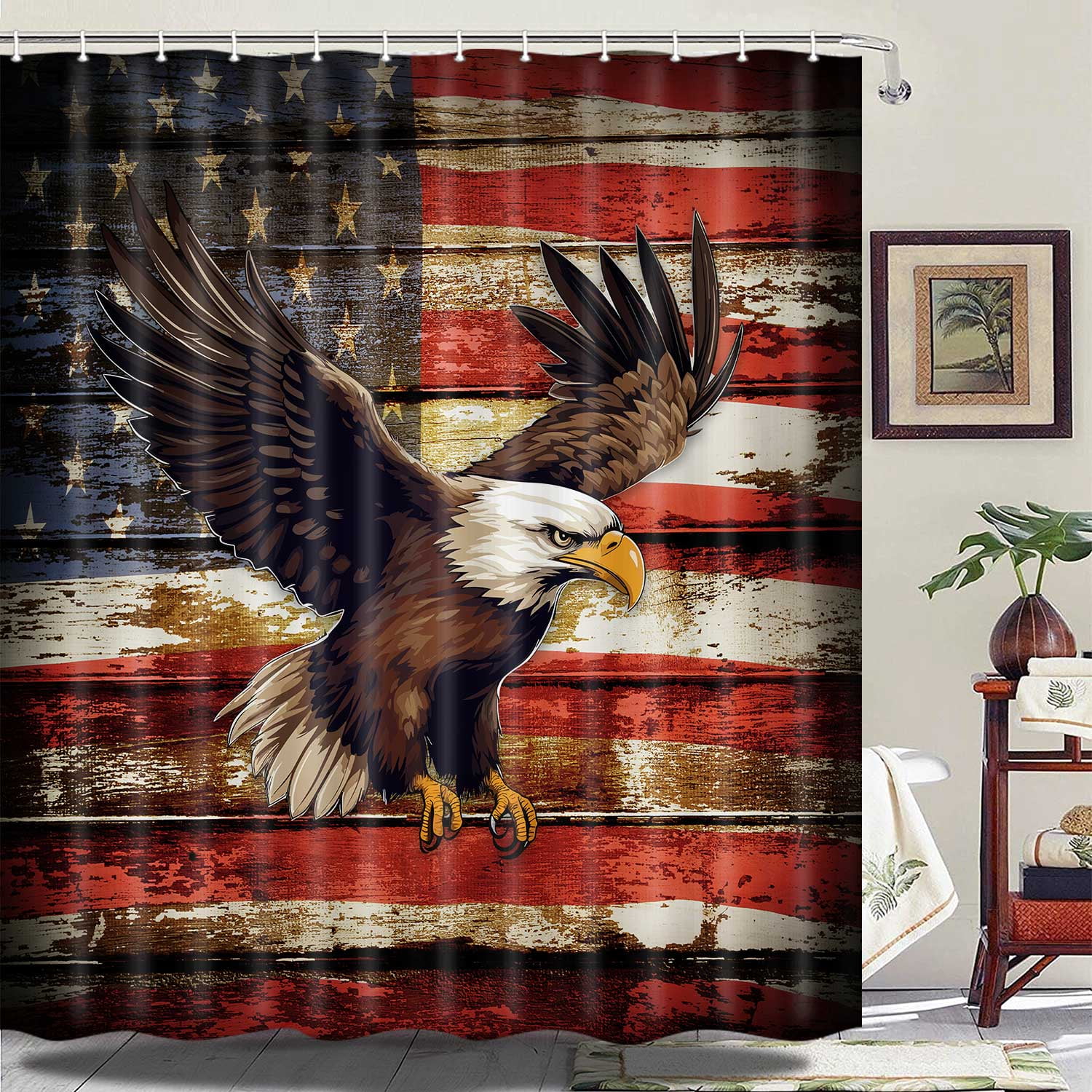 American Flag Shower Curtain, Independence Day United States Victory Flag Shower Curtains,Patriotic Theme USA Eagle Shower Curtains for Bathroom Decor Fabric Waterproof with 12 Hooks 72"x72"