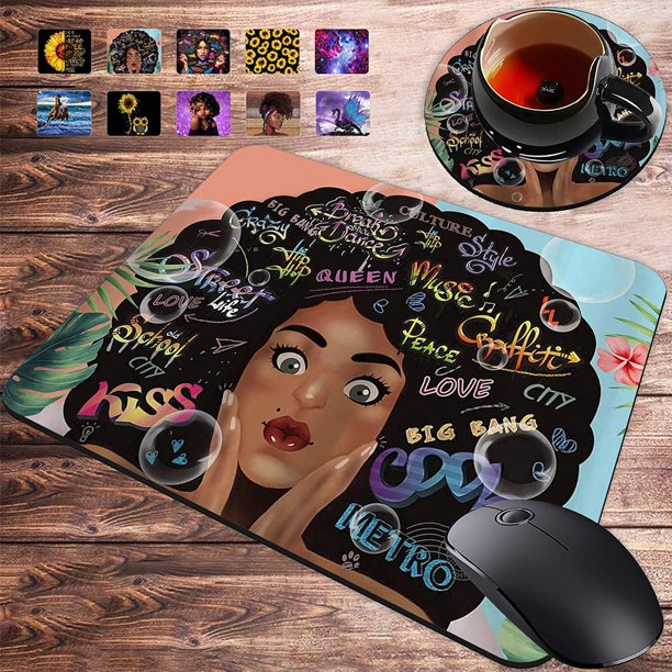 Gaming Mouse Pad and Coasters Set African American Black Girl