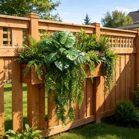 Faux Outdoor Hanging Plants Fence Planter with Monstera and Boston Ferns, Set of 1, Green, for Backyard, Wall Hanging Decor