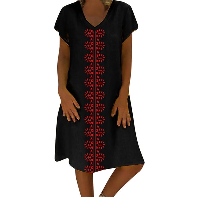 IDALL Robe Midi Décontractée d'Été pour Femmes Grande Taille Boutonnée Robes de Retour à la Maison Col en V Manches Courtes Robes Boho Robe Portefeuille en Lin Robe d'Invité de Mariage avec Poches Robe de Plage Z2-Noir 3TG