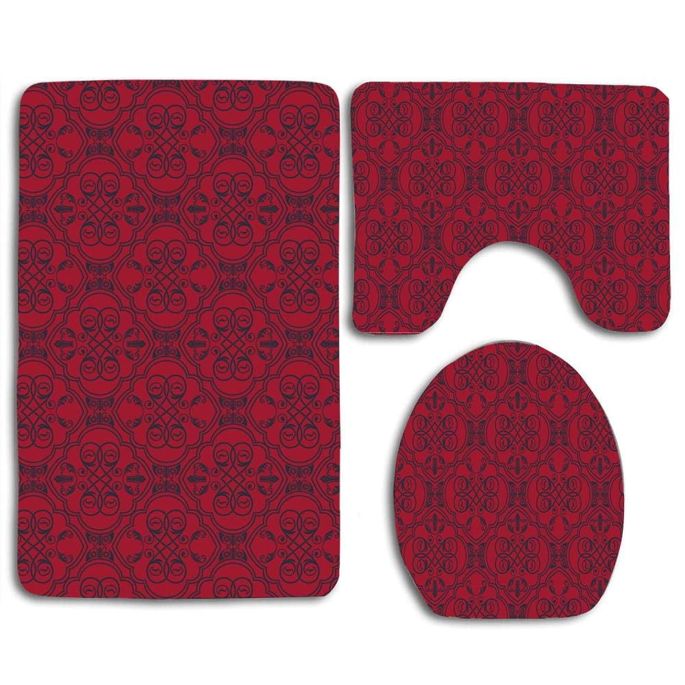 PUDMAD Red Ornamental 3 Piece Bathroom Rugs Set Bath Rug Contour Mat