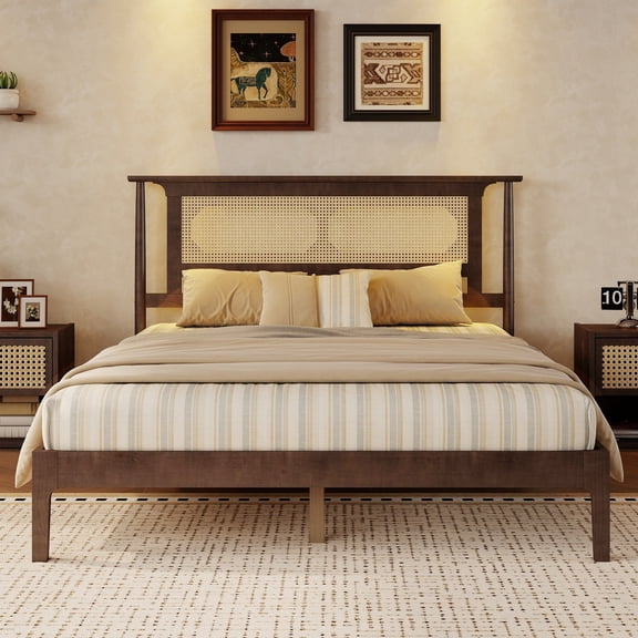 Mintazer Vintage Queen Size Pinewood Platform Bed Frame with Rattan Headboard for Bedroom,No Box Spring Needed, Walnut