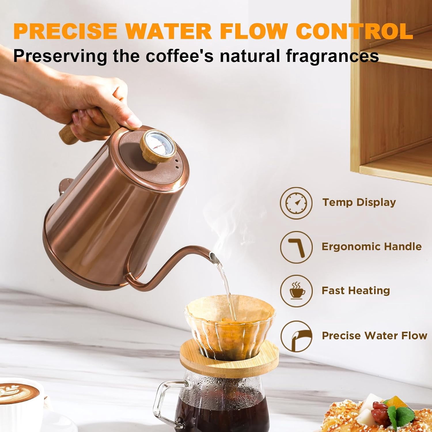 Gooseneck Electric Kettle with Thermometer, Copper Tea Kettle with Auto Shut-Off, 1000W Hot Water Kettle Electric of Stainless Steel