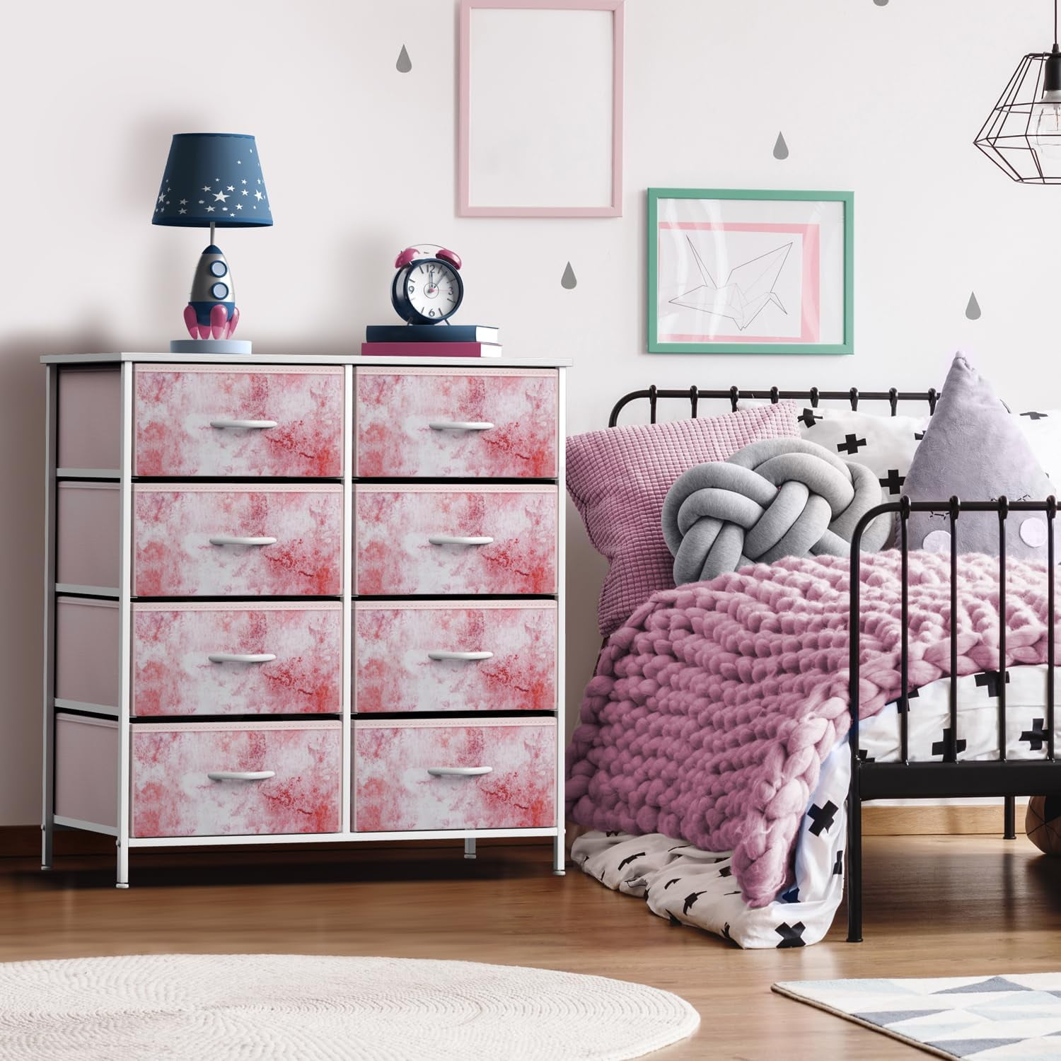 Sorbus Kids 8-Drawer Dresser Storage Tower, Steel Frame, Wood Top, Tie-Dye Pink