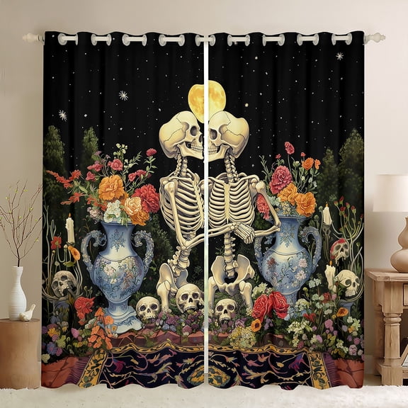 Homewish Teens Adults Gothic Skeleton Black Out Curtains,Chic Flowers Curtains Pack of 2 (42x63 Each),Retro Exotic Style Bedroom Curtains,Ultra Soft Home Decor