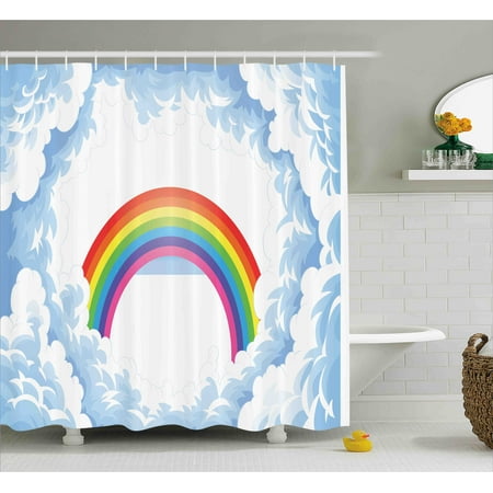 Cartoon Shower Curtain Rainbow Above Fluffy Cute Romantic Clouds Cartoon Shower Curtain Rainbow Above Fluffy Cute Romantic Clouds For Kids Nursery Art Fabric Bathroom Set With Hooks Baby Blue White Red Yellow Pink