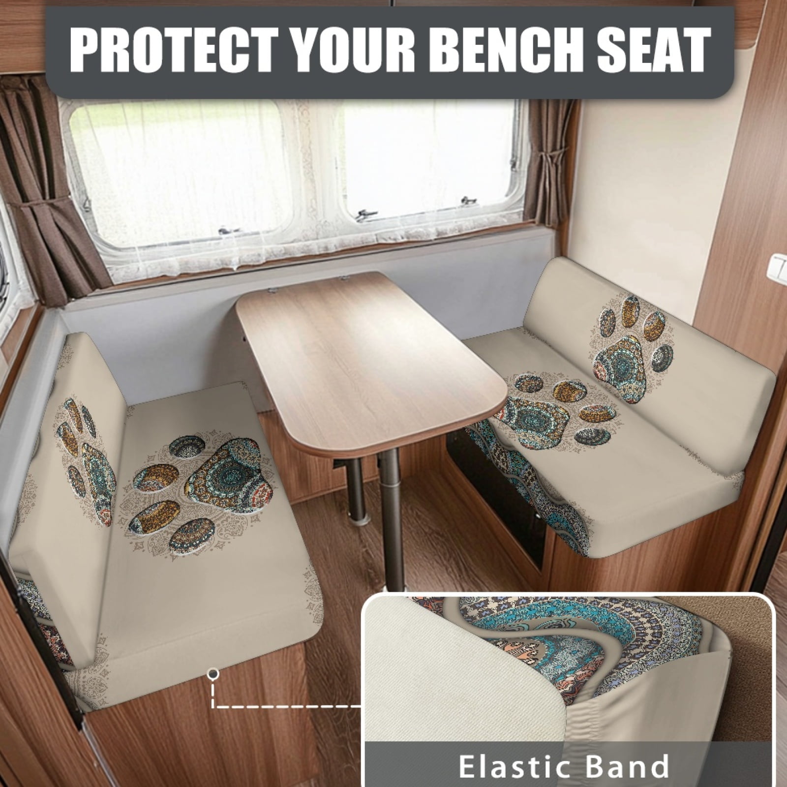 FORUDESIGNS Boho Mandala Dog Paw Print 2 Pcs RV Dinette Cushion Covers Waterproof Camper Cushion Slipcover Stretch Sofa Furniture Protector Include1 Backrest Covers and 1 Bench Covers
