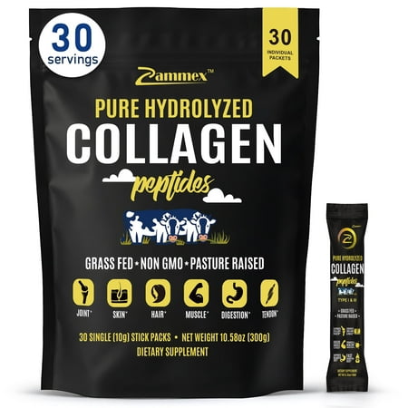 Zammex Grass Fed Bovin Collagen Peptides Powder Travel Packets, Unflavored Hydrolyzed Collagen Peptide Powder Packet, 30 pcs