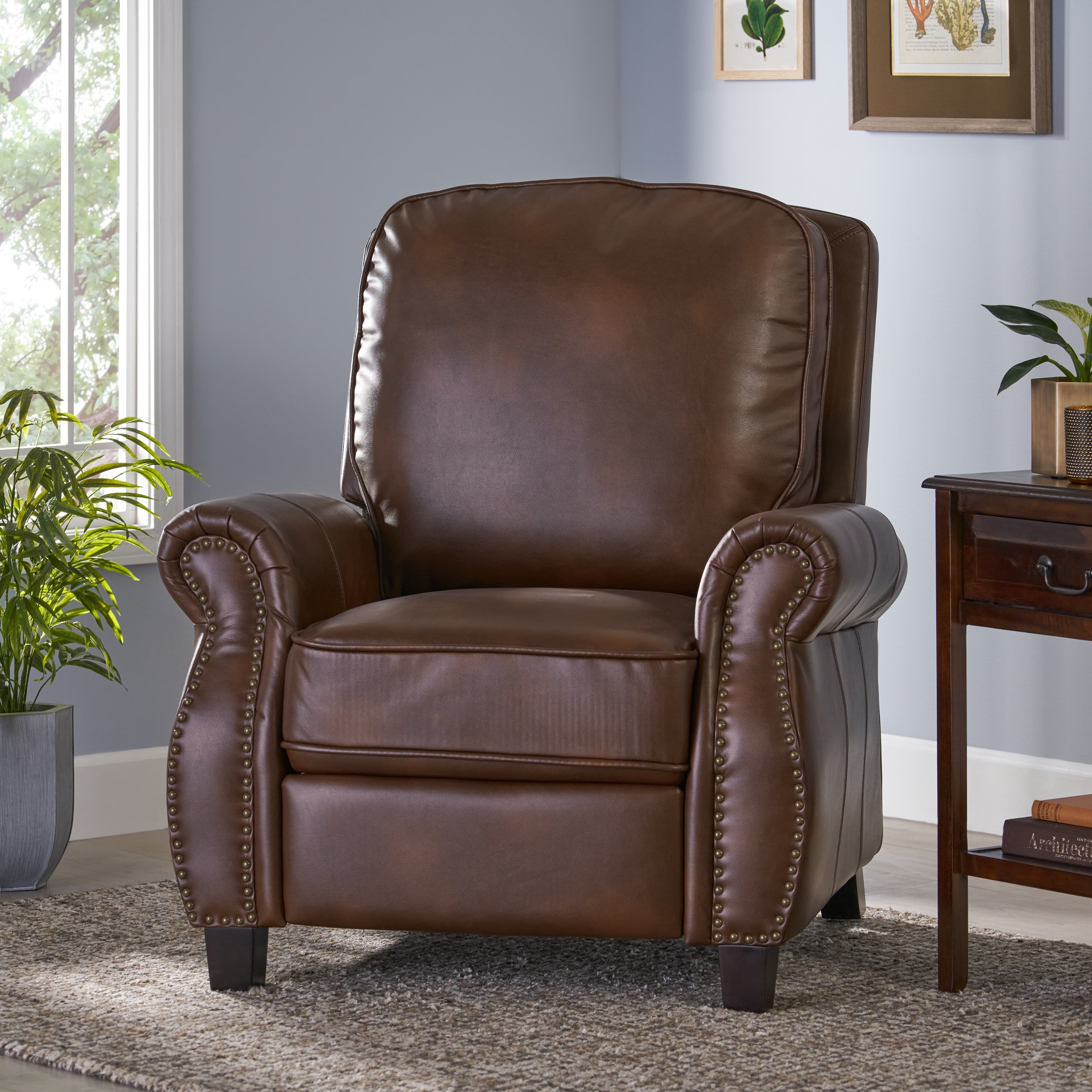 Ember Interiors Nathan Standard 2-Tone Brown Faux Leather Nailhead Recliner