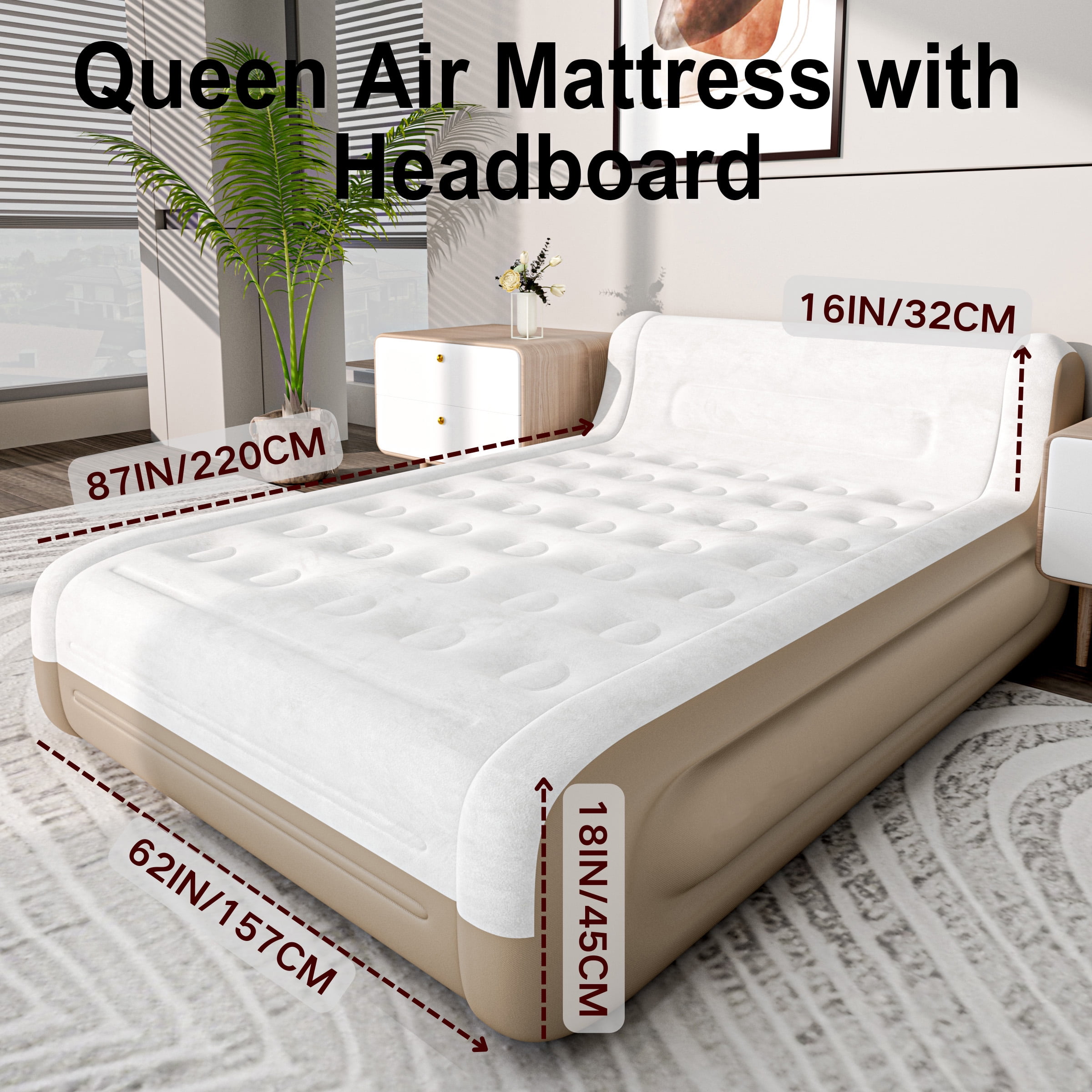 Queen Air Mattress with Headboard,Built in Pump,18”Self Inflating Air Bed for Family Guest Travel Camping,Khaki