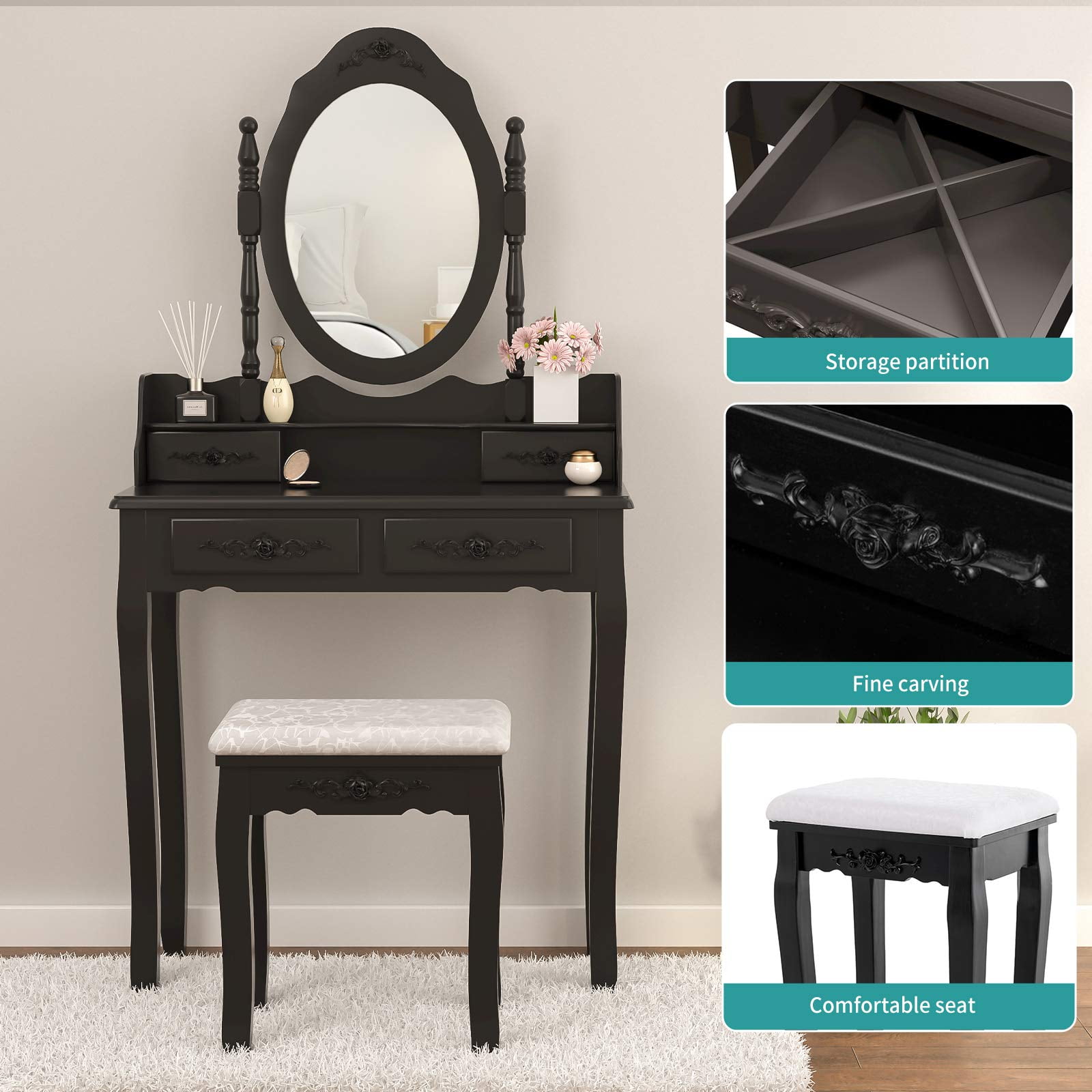 Alohappy Girls Vanity Desk, Makeup Vanity Set with Mirror & Stool, Makeup Table Black Vanity Desk with 4 Drawers Vintage Rose Carving Dressing Desk for Bedroom, Studio (Black)