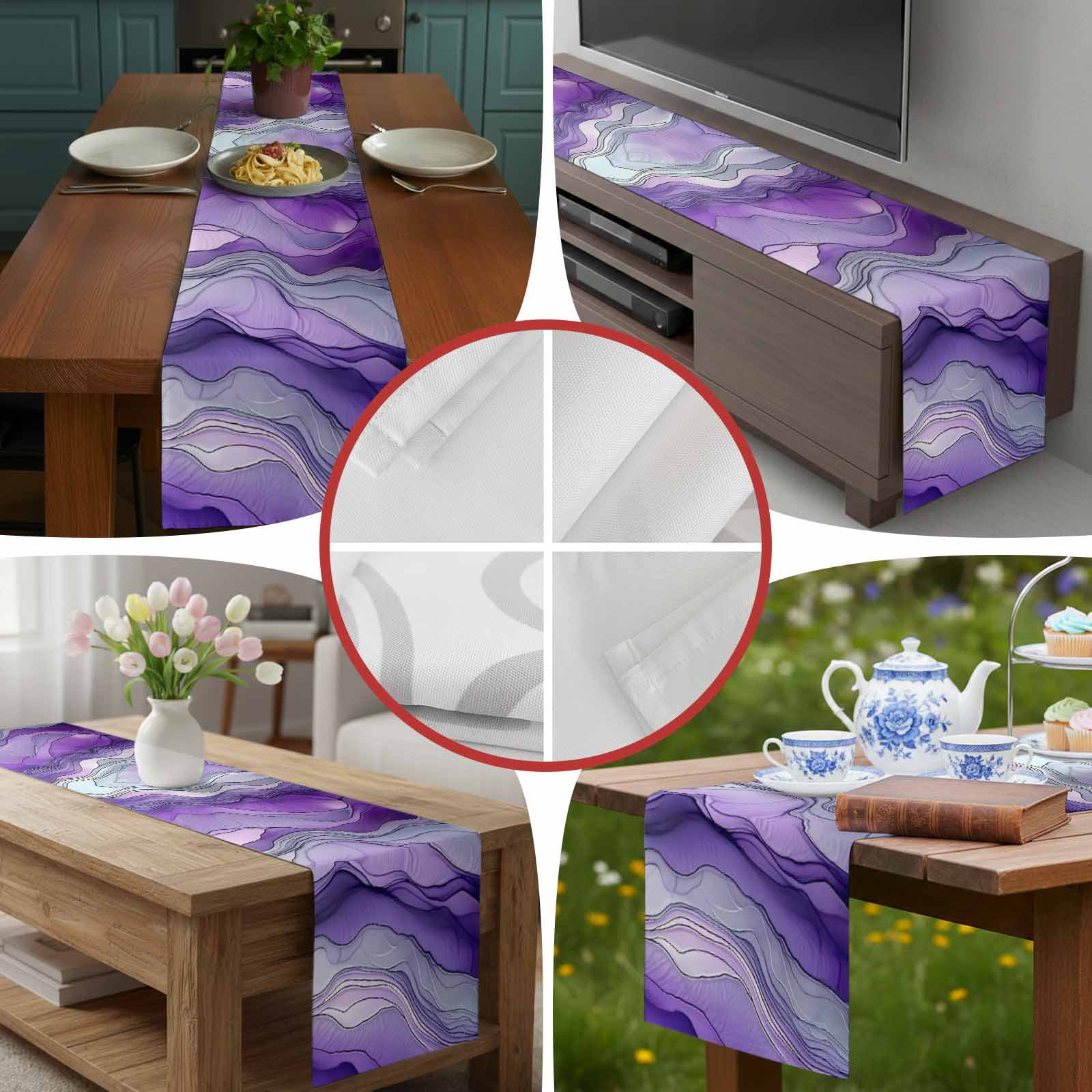 Abstract Art Purple Gray Wave Table Runner 90 Inches Long, Vintage Marble Texture Table Runners Tabletop Scarf Kitchen Dining Tables Decoration for Home Party Indoor Outdoor