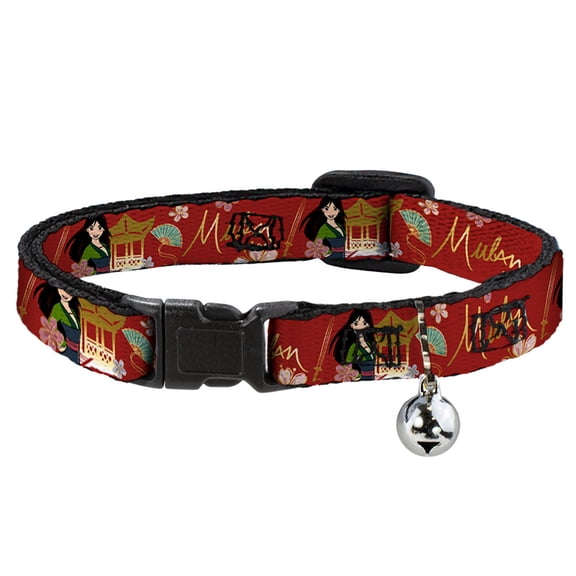 Disney Breakaway Cat Collar With Bell, Plastic Clip, Easy Adjustable, Mulan Gazebo Pose with Flowers and Script Red Golds, 8.5 to 12 Inches 0.5 Inch Wide